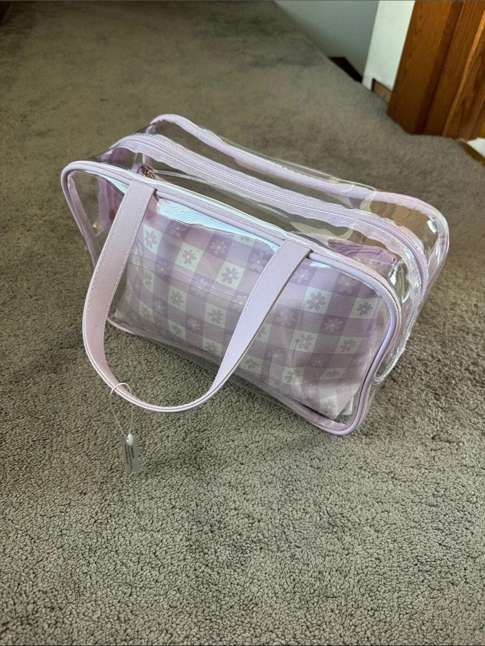 Purple Pastel Clear Mini Travel Tote Bag Checkered Floral Makeup Bag